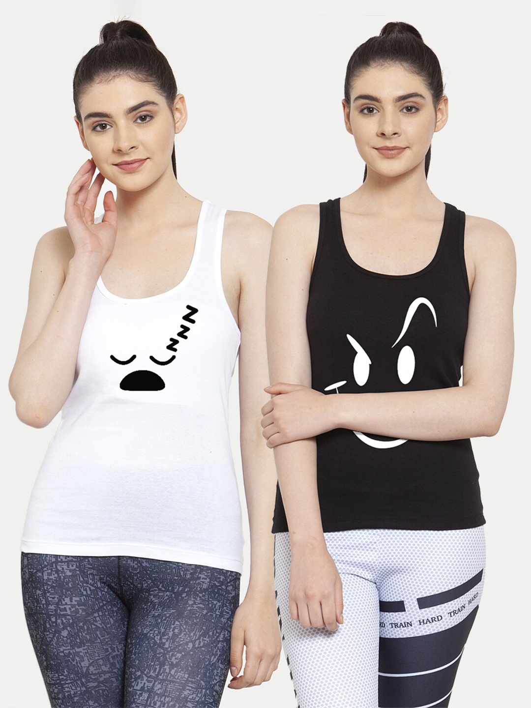 

Friskers Women Pack Of 2 White & Black Mickey mouse Smily Tank tops