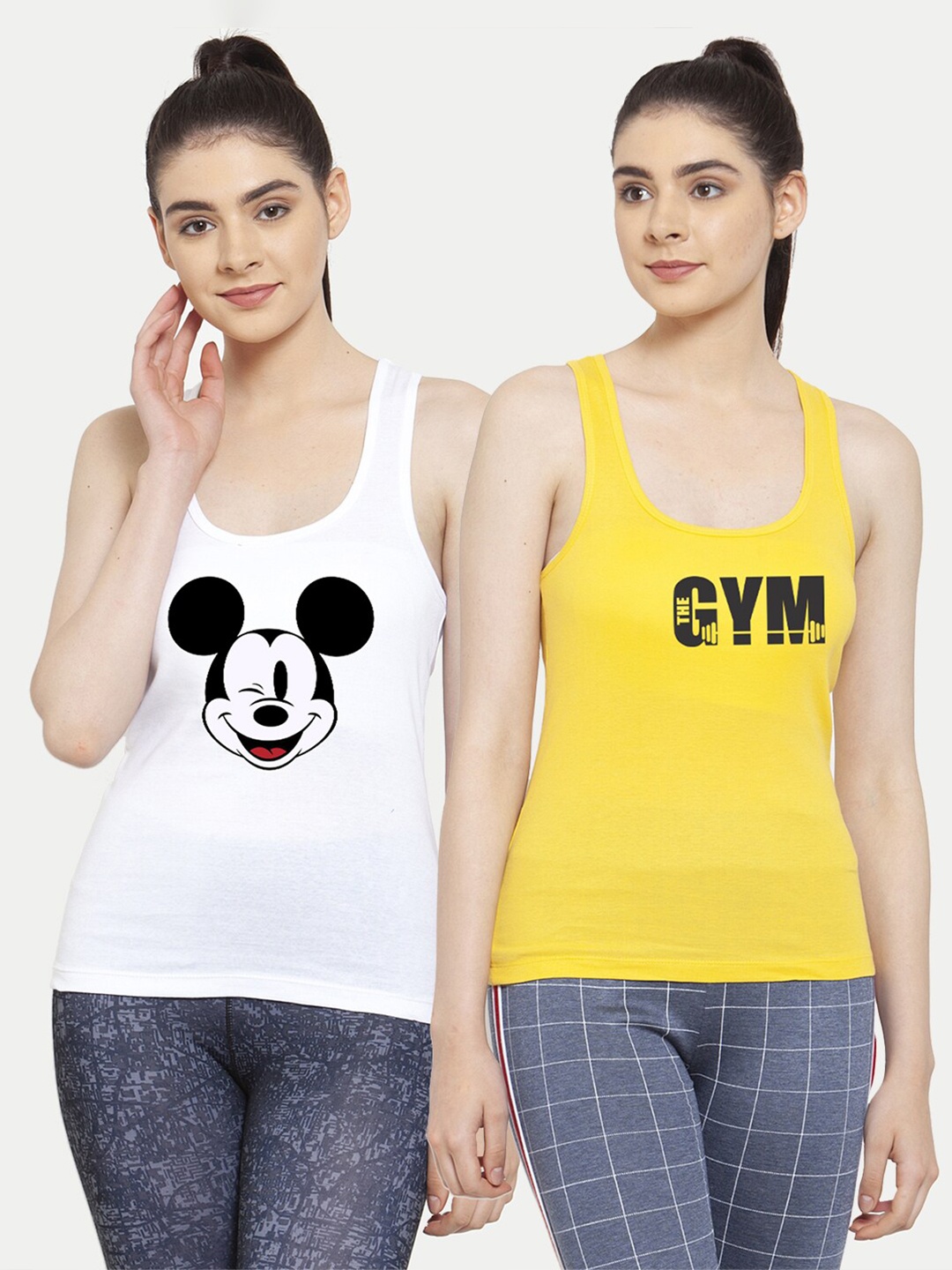 

Friskers Women Pack Of 2 White & Yellow Print Cotton Tank Tops