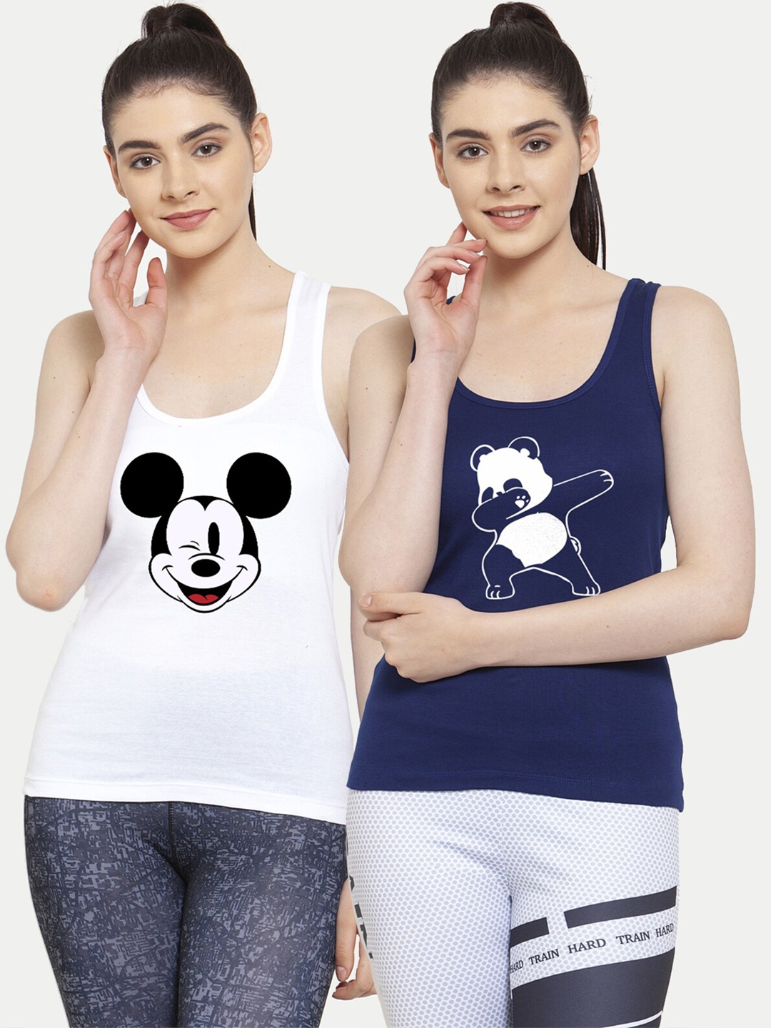 

Friskers Women Pack Of 2 White & Navy Blue Mickey Mouse Panda Printed Tank Tops