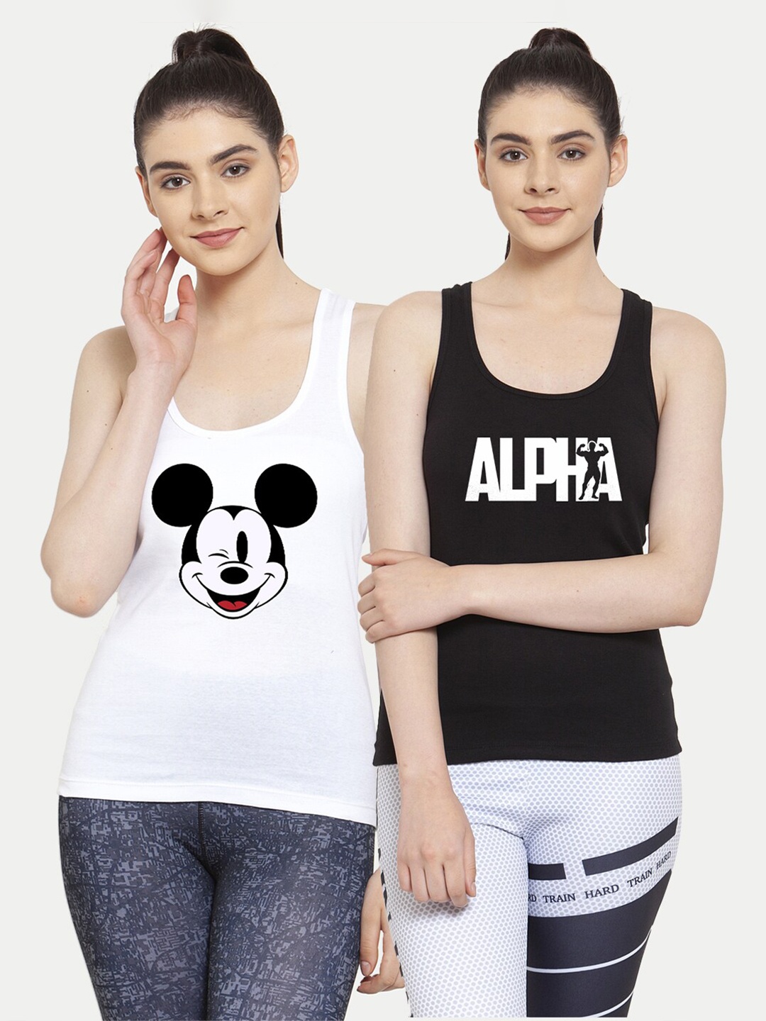 

Friskers Women Pack of 2 White & Black Mickey Mouse Printed Tank Tops