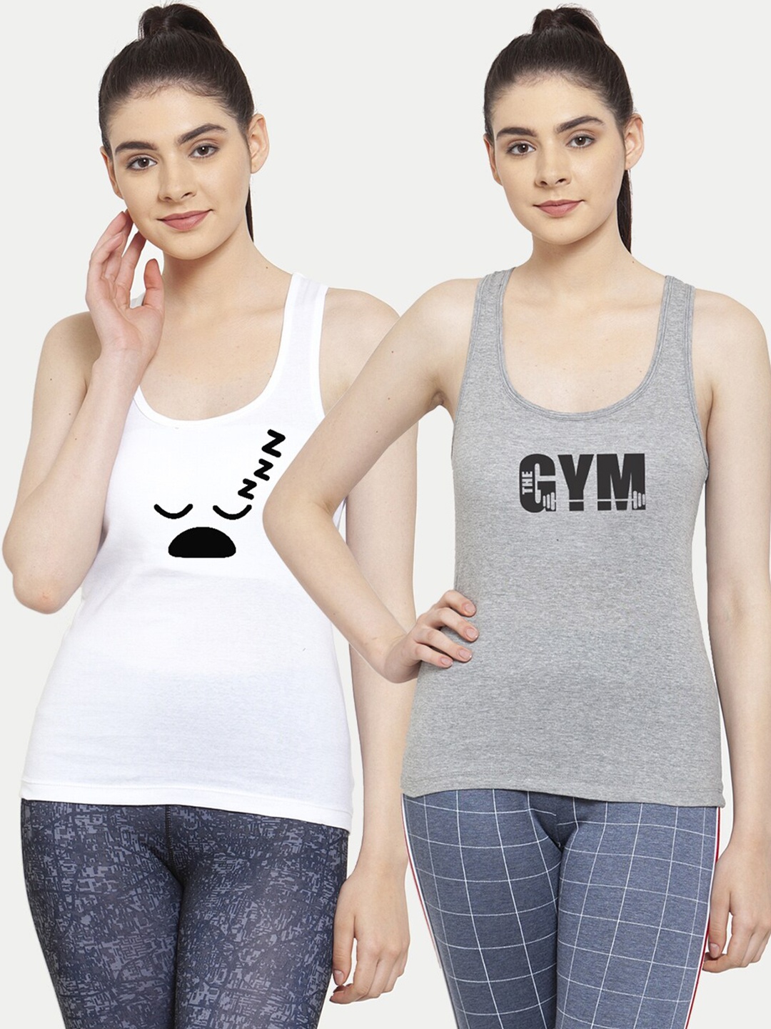 

Friskers Woman Pack of 2 White & Grey Print Tank Top