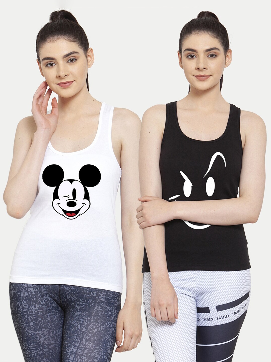 

Friskers Women Pack Of 2 White & Black Print Cotton Tank Tops