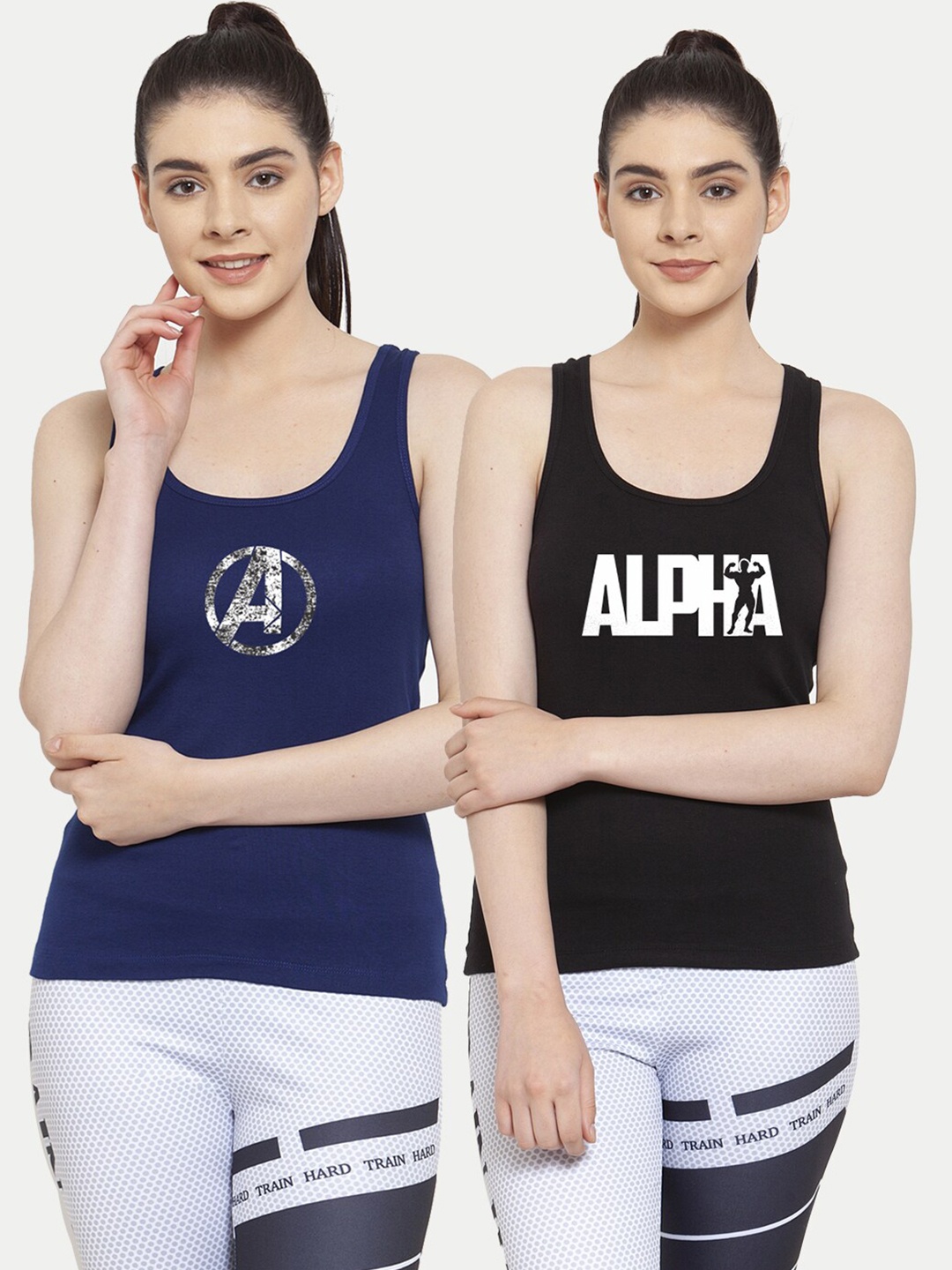 

Friskers Women Pack Of 2 Blue & Black Captain America Print Cotton Tank Tops