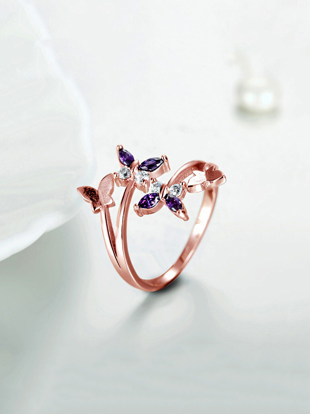 

Yellow Chimes Purple Rose Gold-Plated Butterfly Crystal Studded Ring