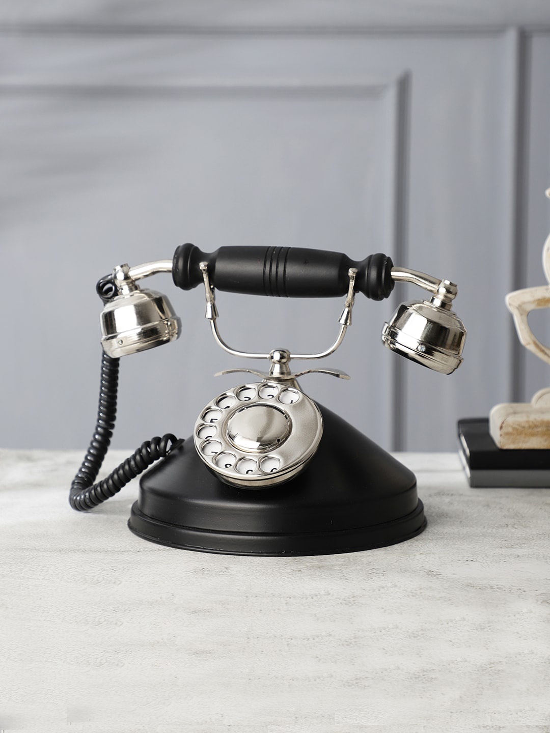 EXIM DECOR Black & Silver-Toned Antique Round Base Dummy Telephone Showpiece
