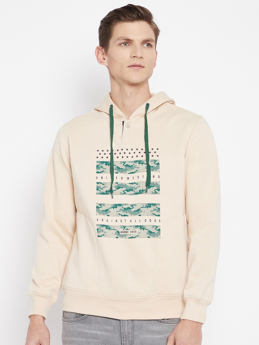 

Adobe Men Beige Printed Hooded Sweatshirt