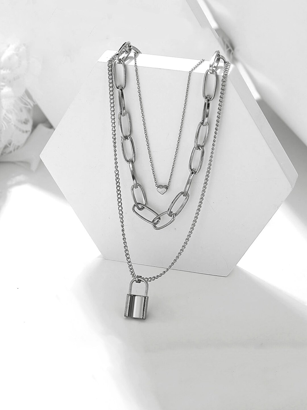 

Yellow Chimes Silver-Plated Multi layered Key Chain Heart Charm Necklace