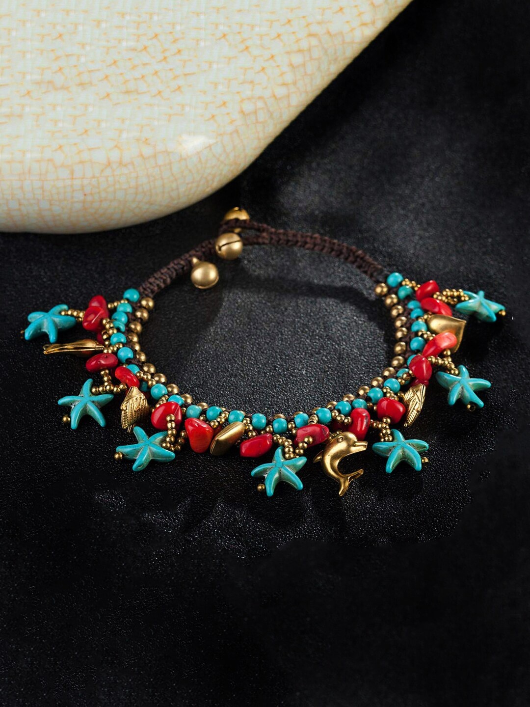 

Yellow Chimes Gold-Toned Blue & Red Beaded Starfish Anklet