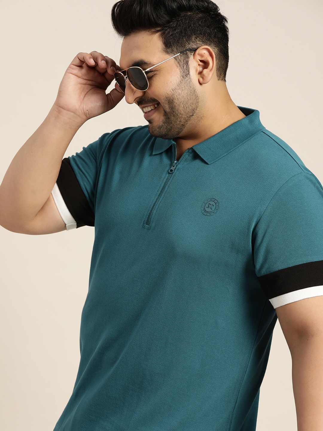 

Sztori Men Plus Size Teal Blue Polo Collar Pure Cotton T-shirt
