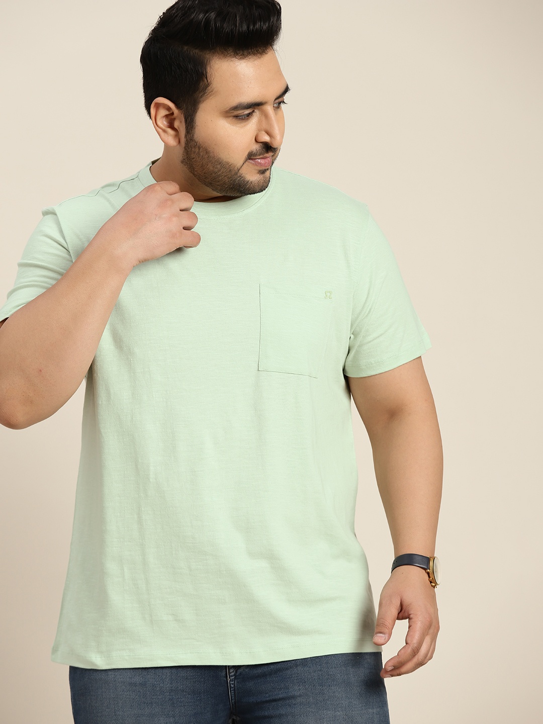 

Sztori Men Plus Size Green Pure Cotton T-shirt