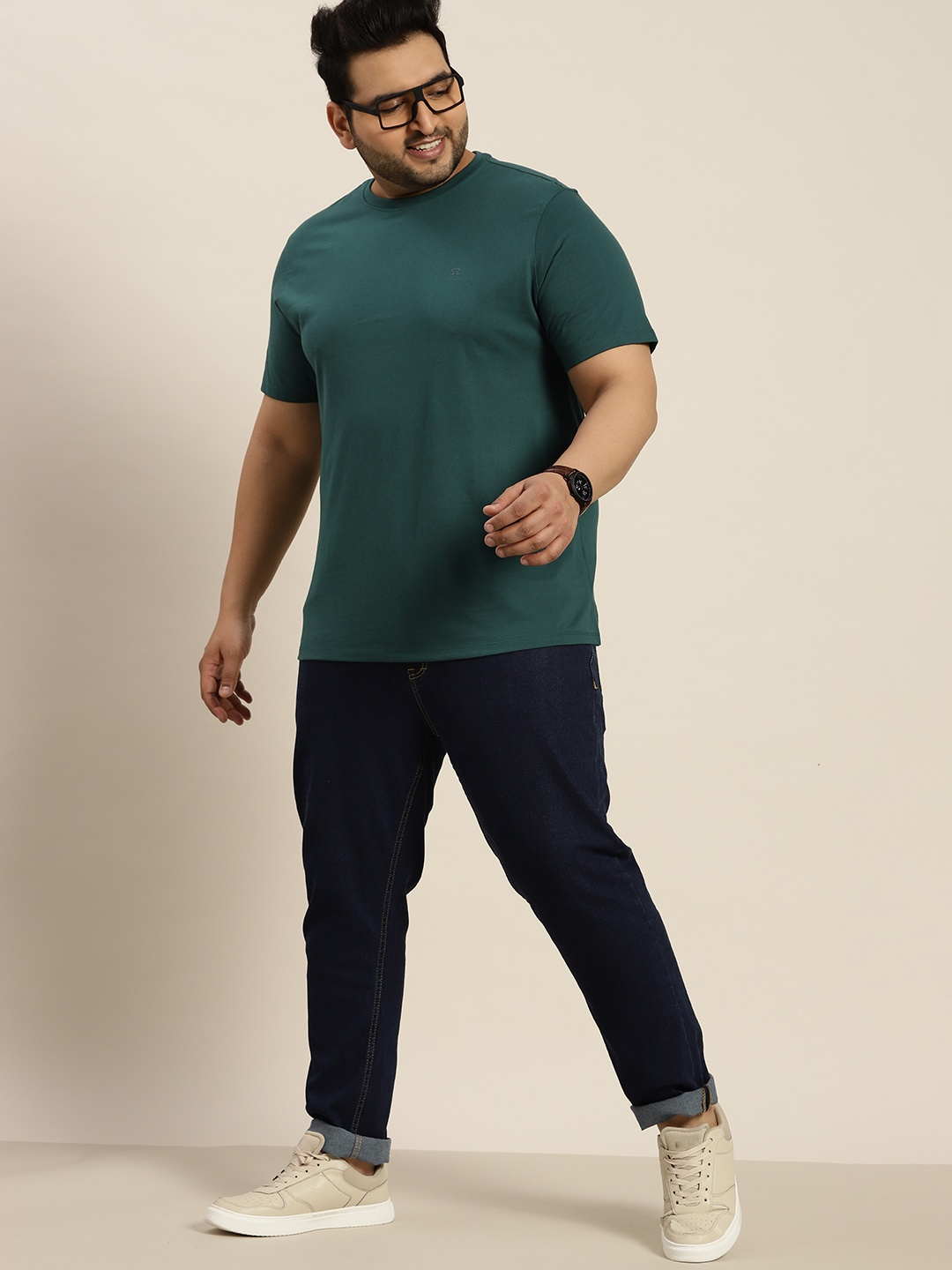 

Sztori Men Plus Size Teal Green Solid T-shirt