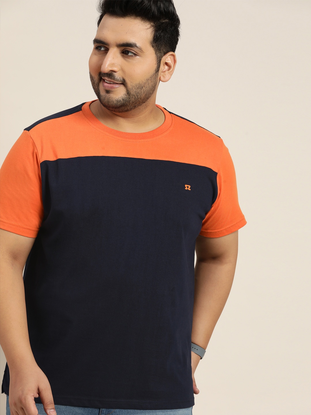 

Sztori Men Plus Size Navy Blue & Orange Colourblocked Pure Cotton T-shirt