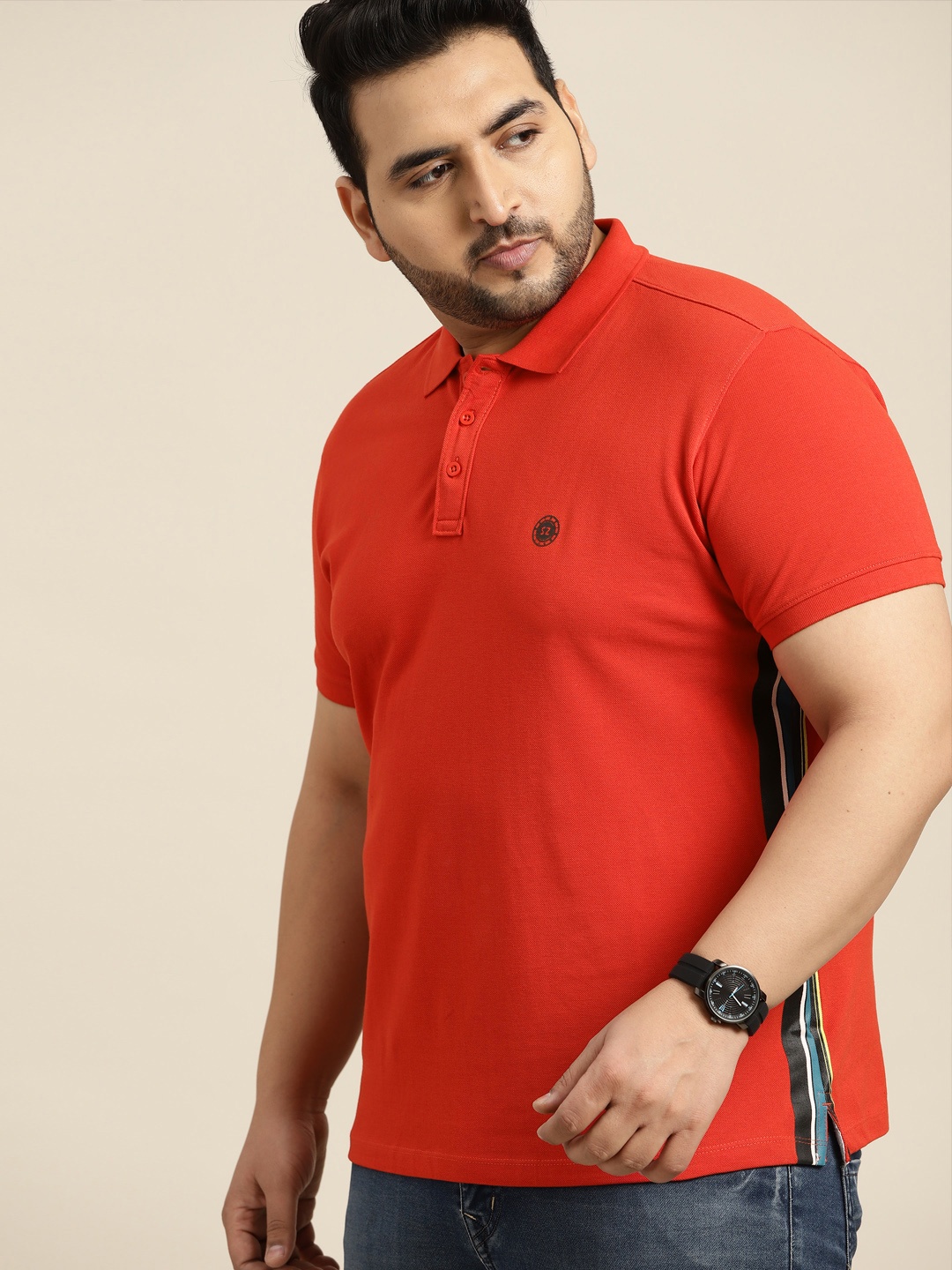 

Sztori Men Plus Size Red Polo Collar Solid Side Tape Detail T-shirt