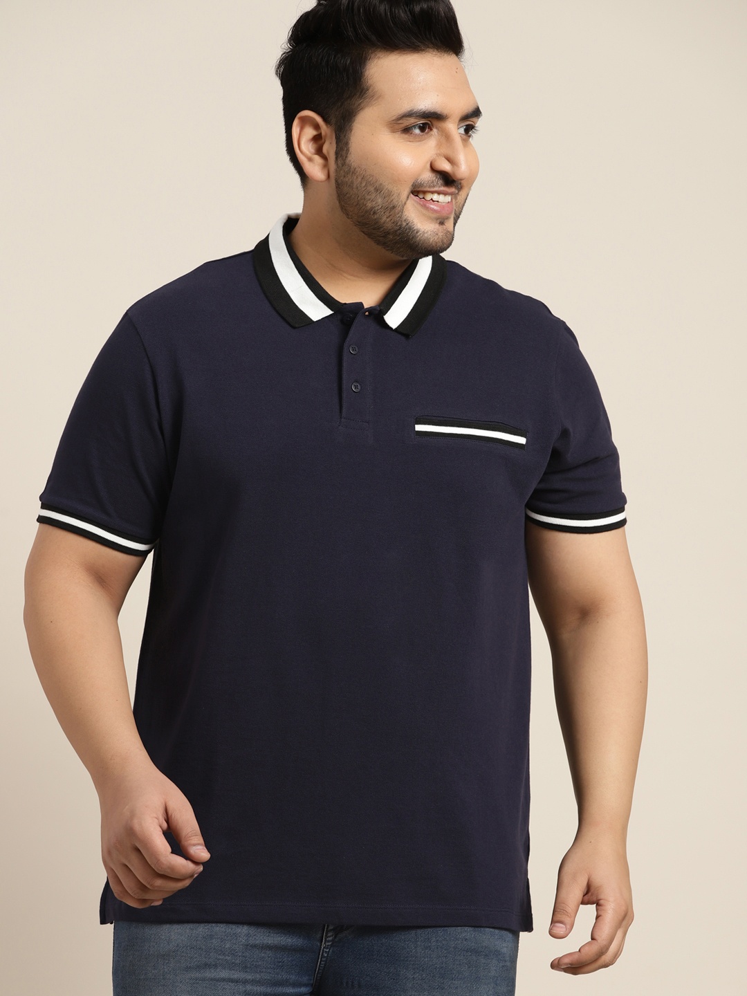 

Sztori Men Plus Size Navy Blue Solid Polo Collar Pure Cotton T-shirt