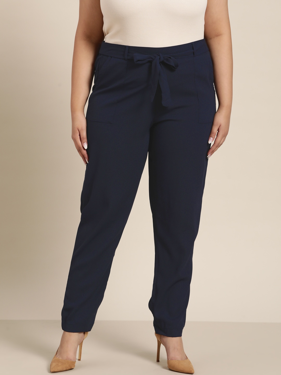 

Sztori Women Plus Size Navy Blue Solid Trousers with Belt