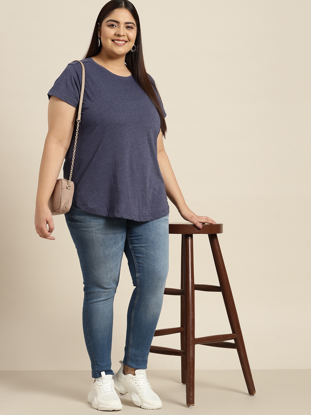 

Sztori Women Plus Size Navy Blue Solid T-shirt