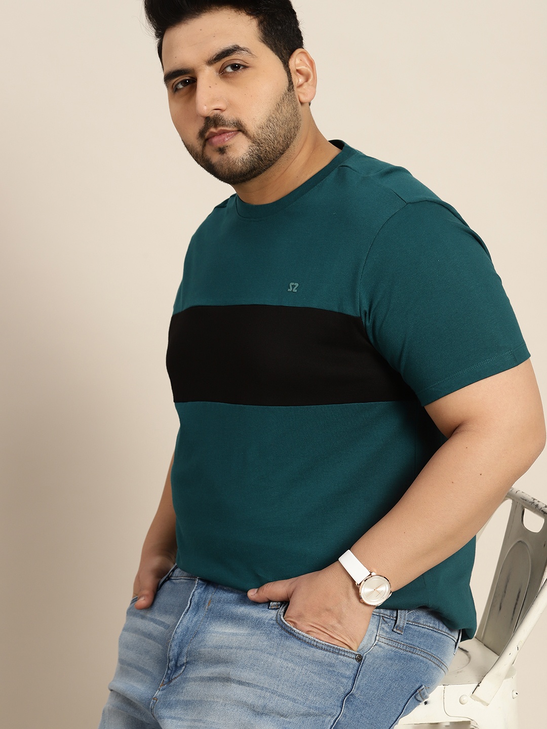 

Sztori Men Plus Size Striped Pure Cotton T-shirt, Teal