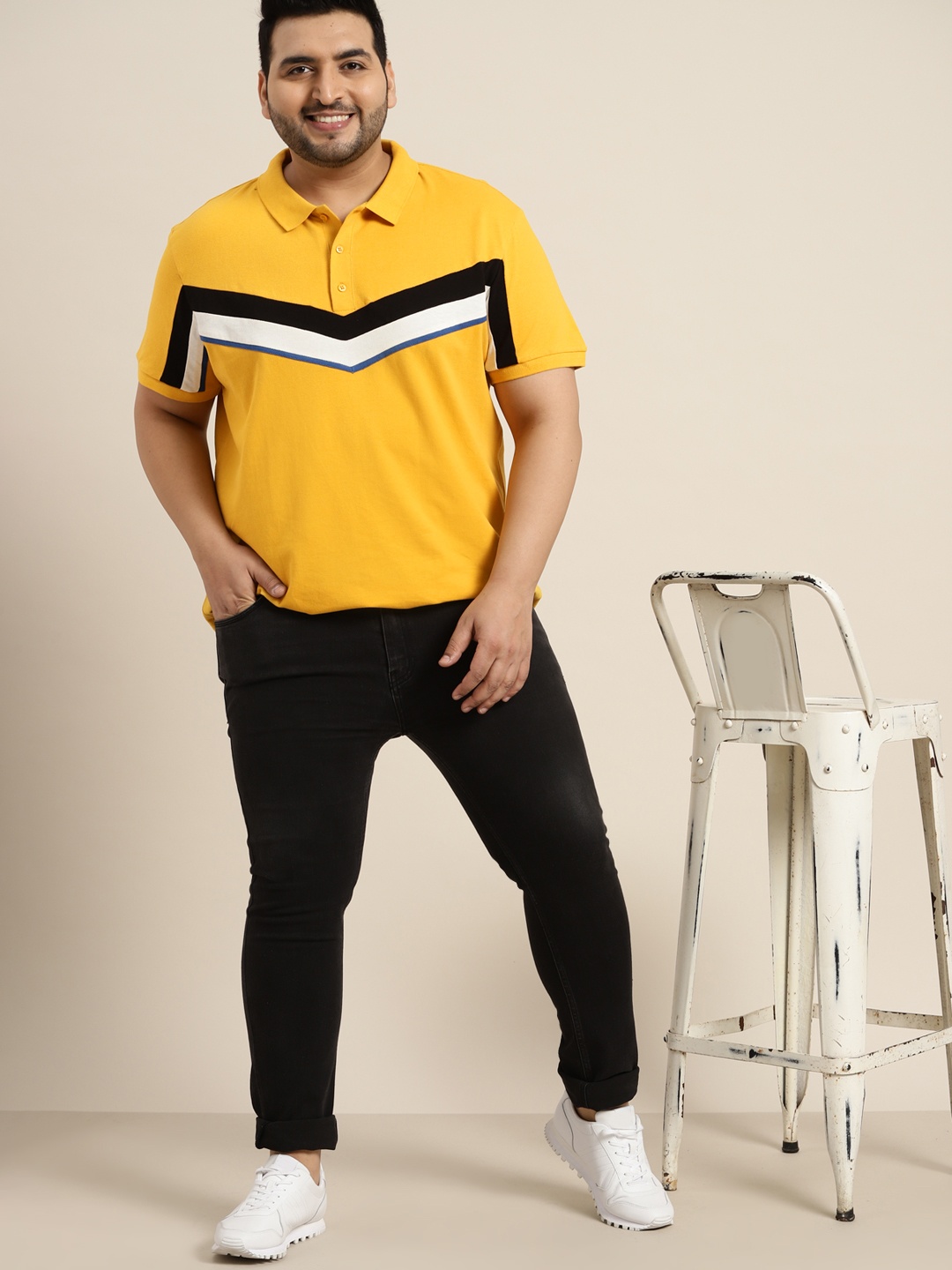 

Sztori Men Plus Size Mustard Yellow Colourblocked Polo Collar Pure Cotton T-shirt