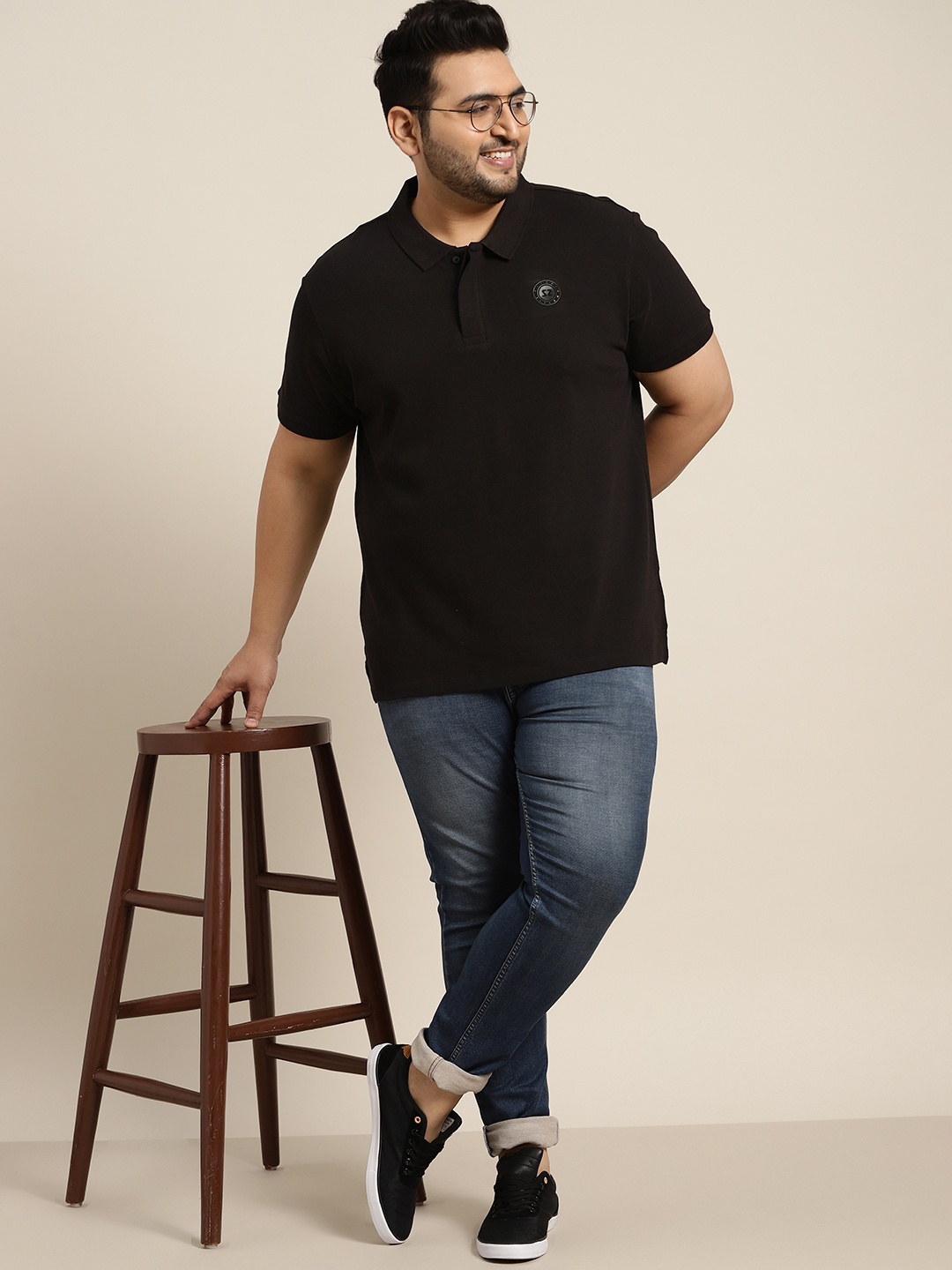 

Sztori Men Plus Size Black Polo Collar Pure Cotton T-shirt