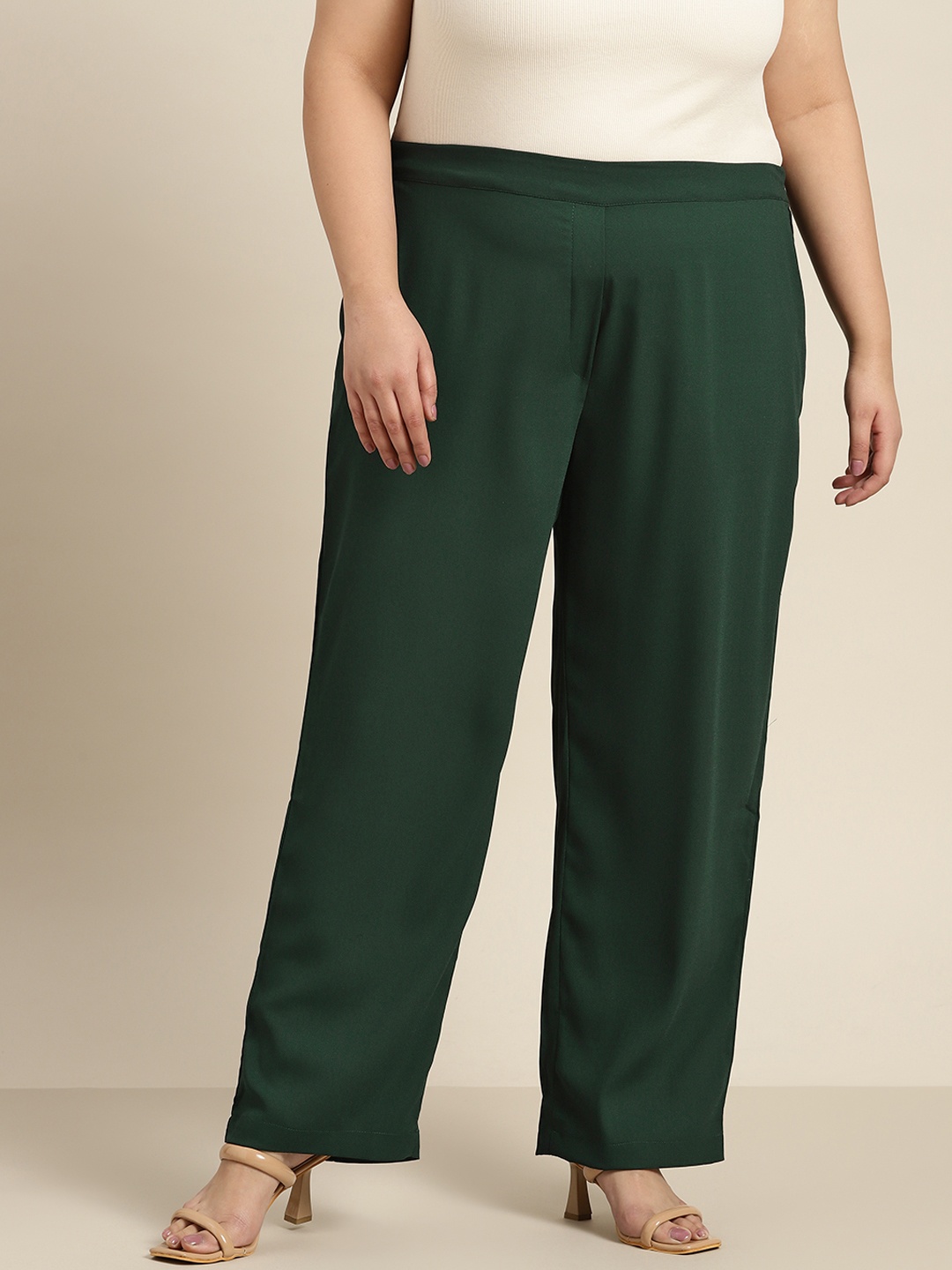 

Sztori Women Plus Size Solid Straight Fit Trousers, Green