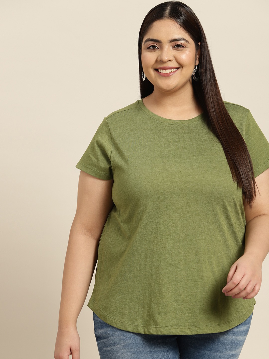 

Sztori Women Plus Size Olive Green Solid T-shirt
