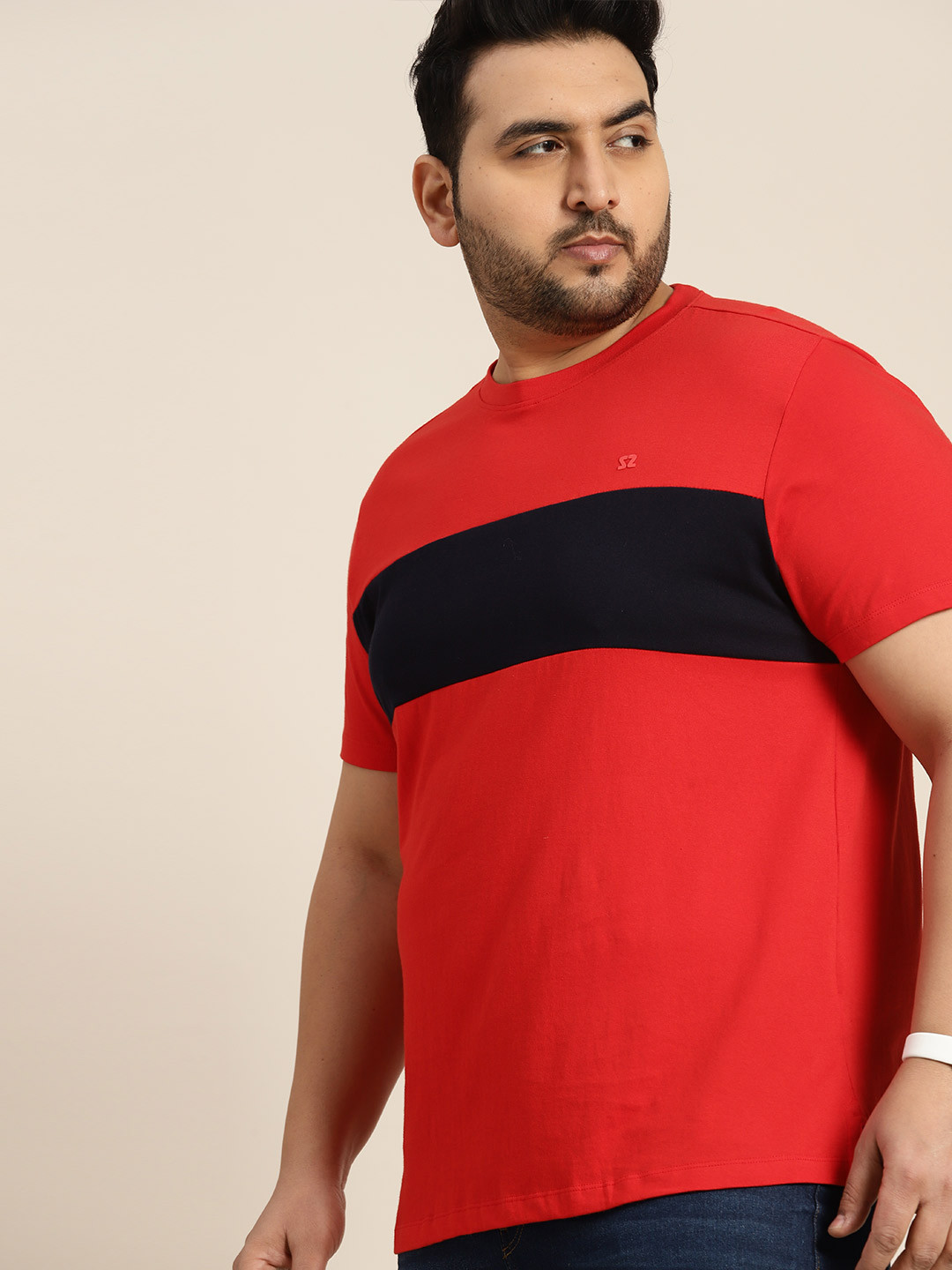

Sztori Men Plus Size Striped Pure Cotton T-shirt, Red