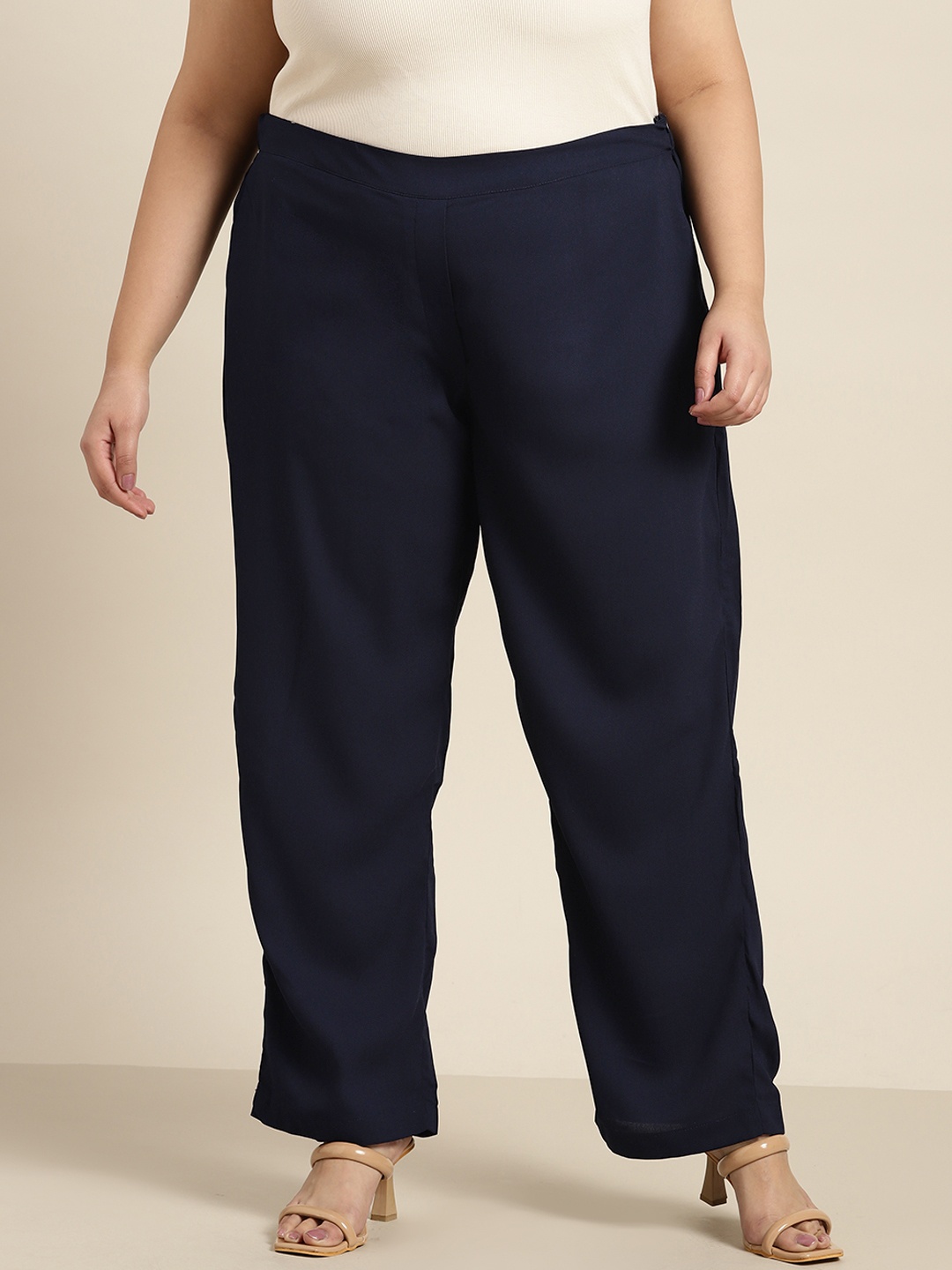 

Sztori Women Plus Size Solid Straight Fit Trousers, Navy blue