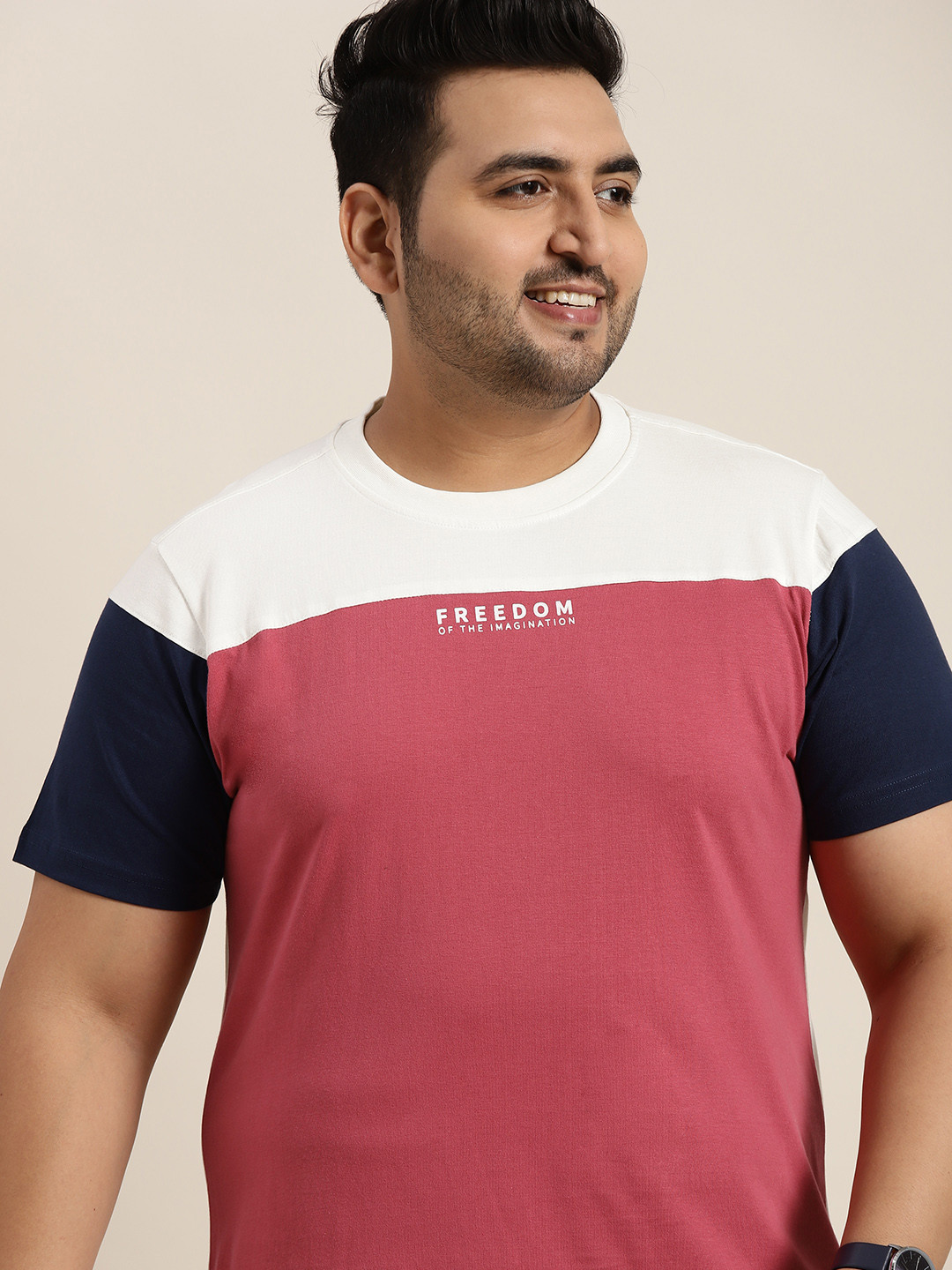 

Sztori Plus Size Men Pink & White Colourblocked Pure Cotton T-shirt