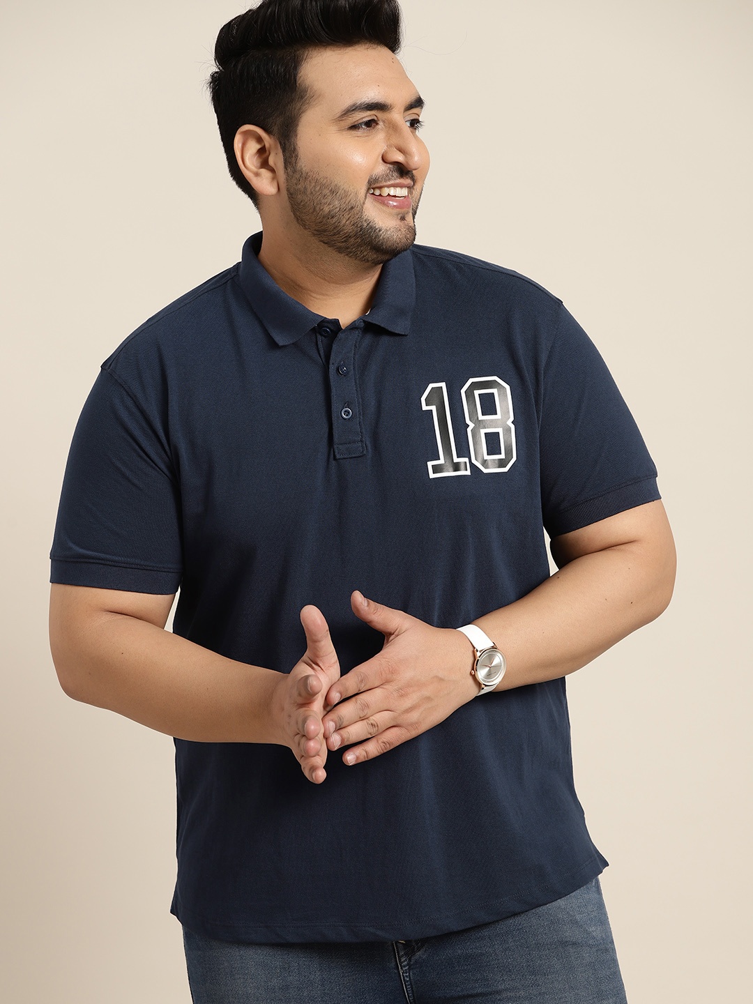 Sztori Men Plus Size Navy Blue Typography Polo Collar T-shirt