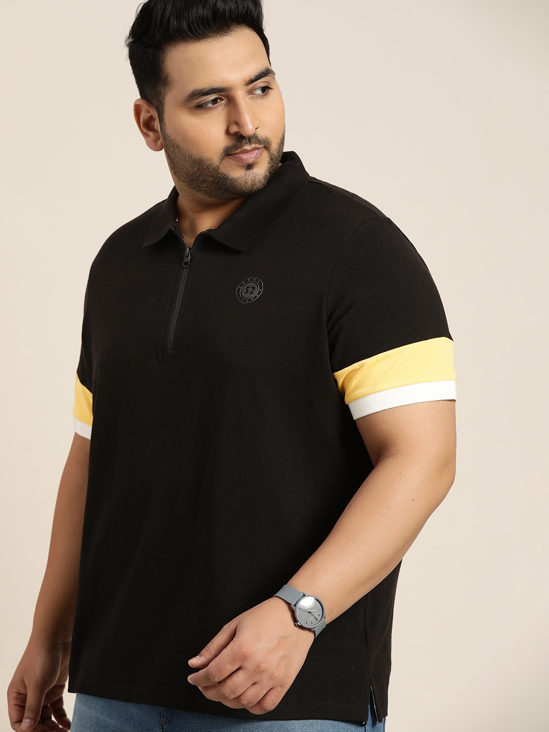 

Sztori Men Plus Size Black Polo Collar Pure Cotton T-shirt