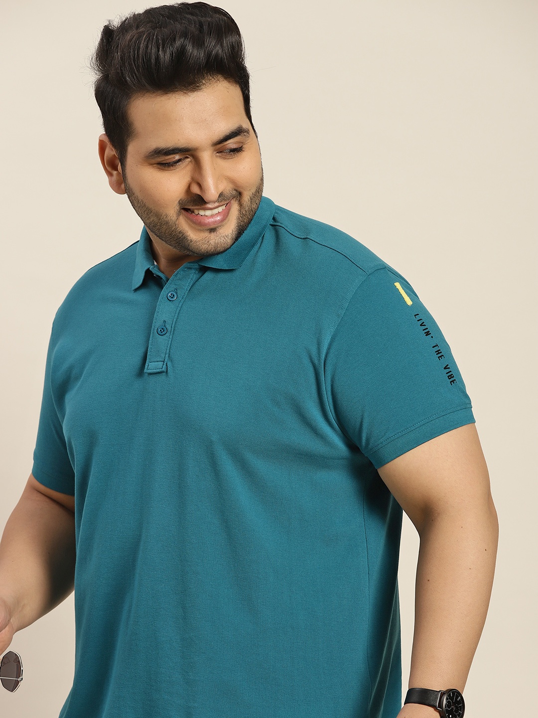

Sztori Men Plus Size Teal Blue Solid Polo Collar T-shirt