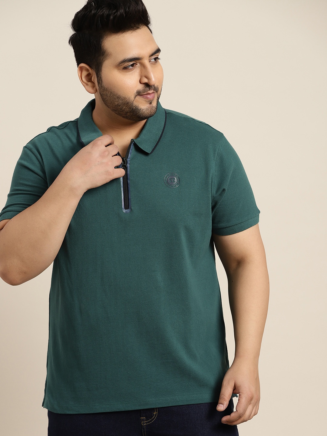 

Sztori Men Plus Size Green Polo Collar Pure Cotton T-shirt