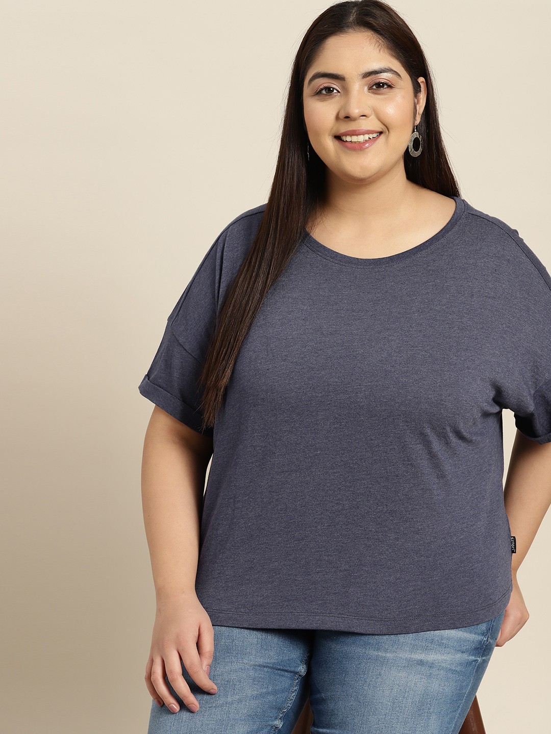

Sztori Women Plus Size Navy Blue Solid Drop-Shoulder Sleeves Boxy T-shirt