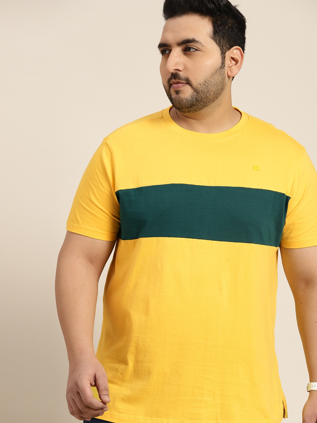 

Sztori Men Plus Size Striped Pure Cotton T-shirt, Yellow