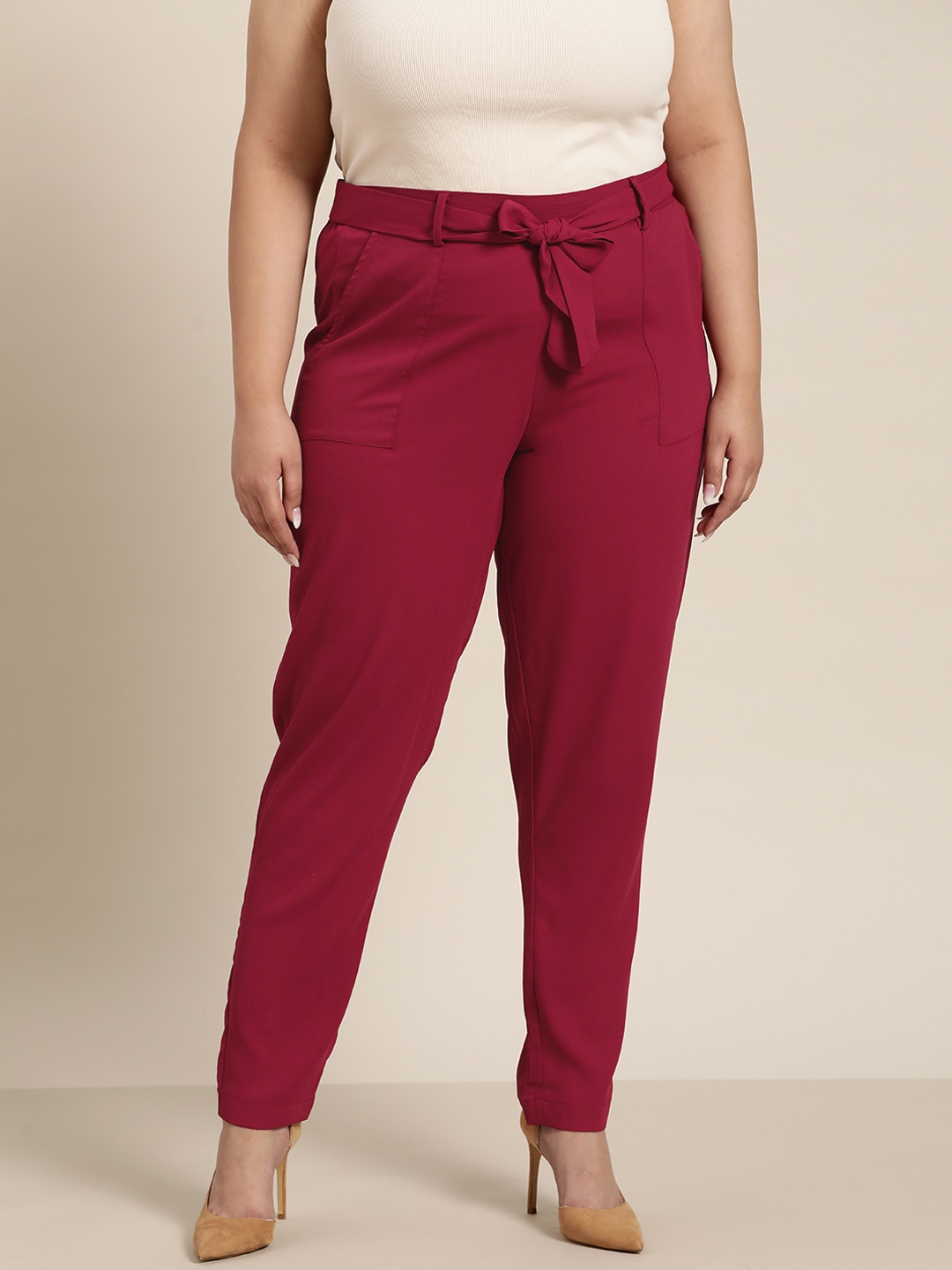 

Sztori Women Plus Size Maroon Solid Trousers with Belt