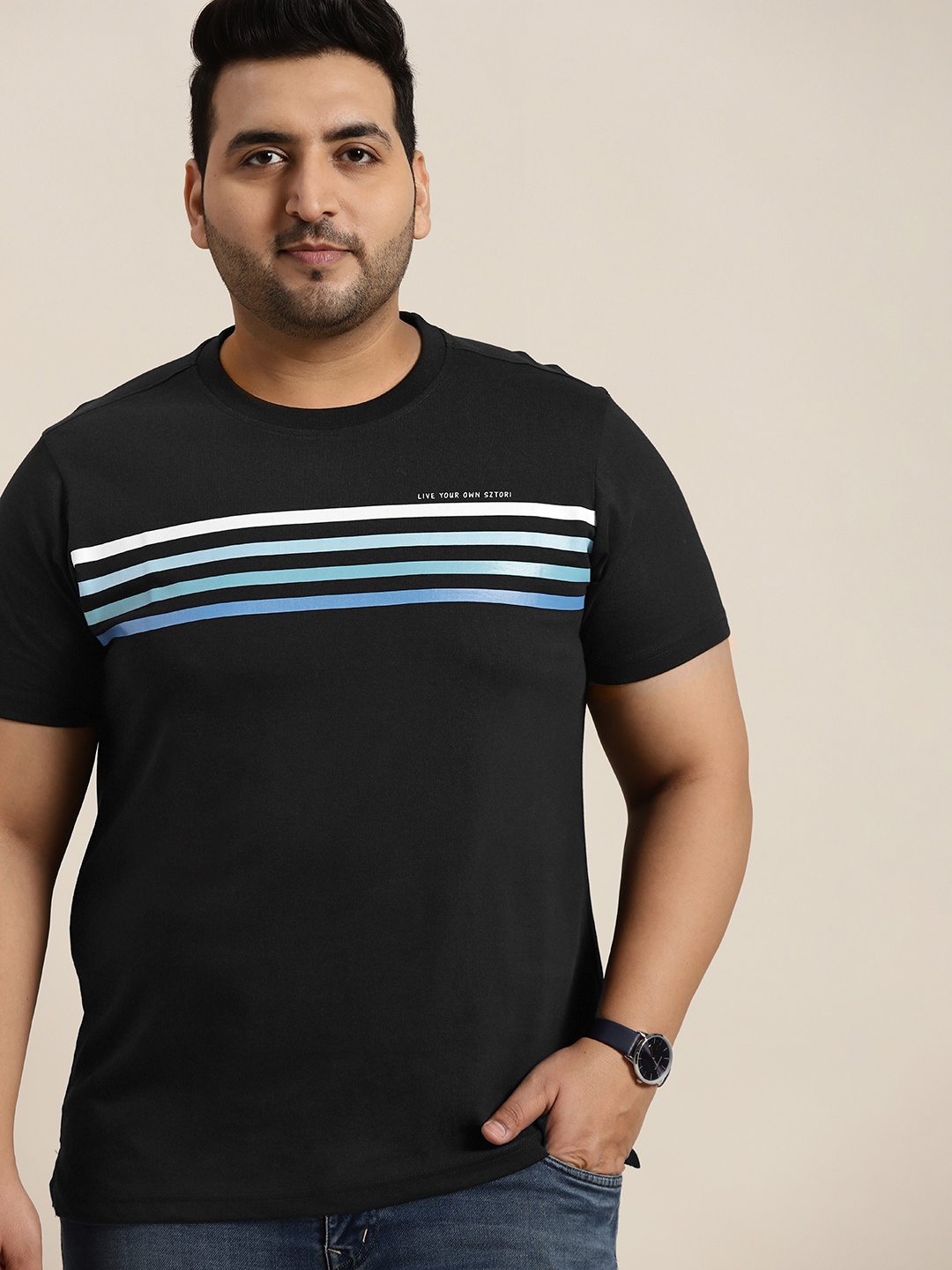 

Sztori Plus Size Men Black & Blue Striped Pure Cotton T-shirt