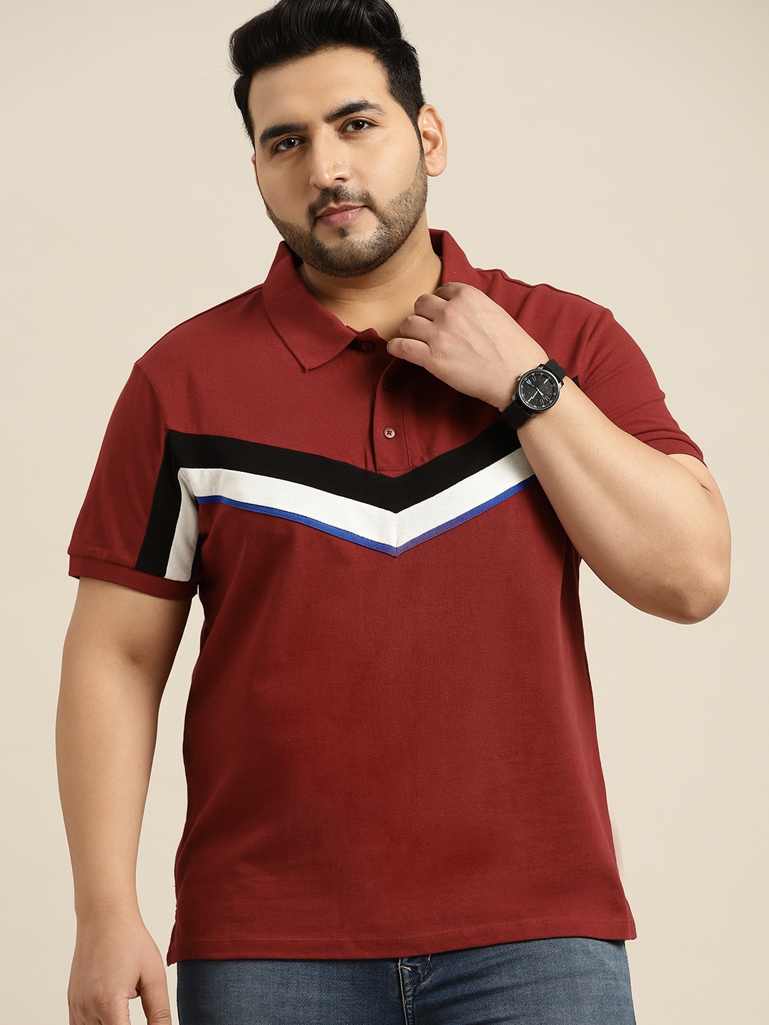 

Sztori Men Plus Size Maroon & White Striped Polo Collar T-shirt
