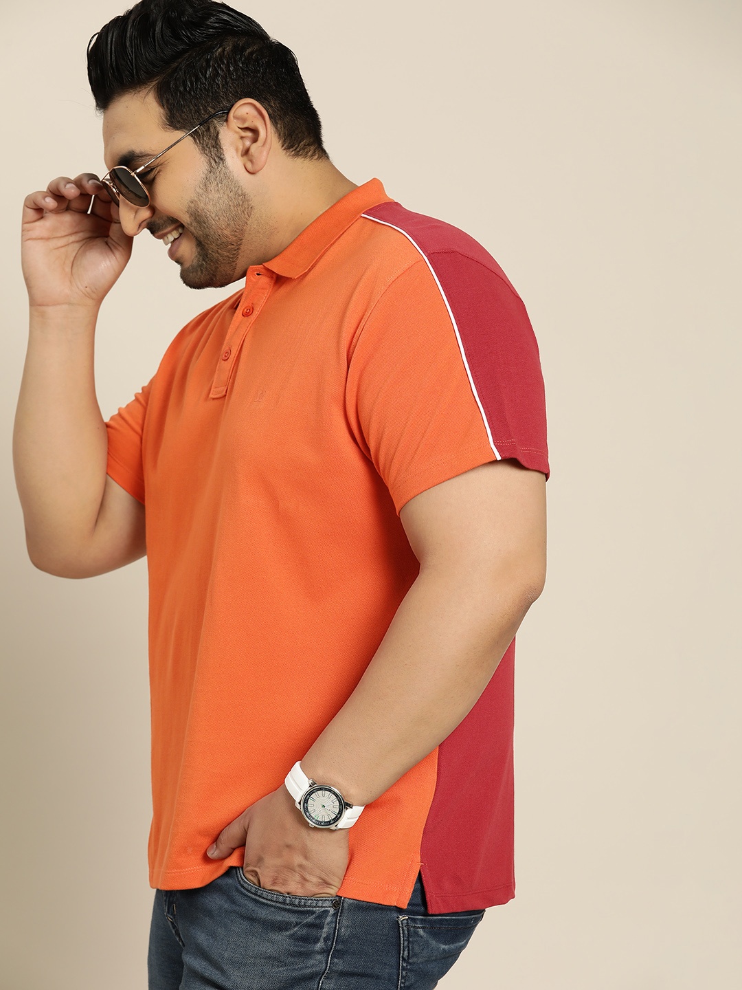 

Sztori Plus Size Men Orange & Maroon Solid Polo Collar T-shirt