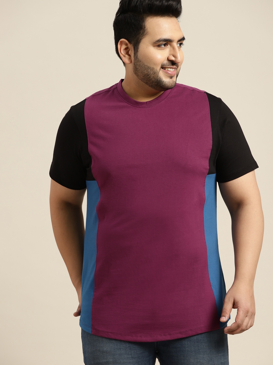 

Sztori Men Plus Size Purple & Blue Colourblocked T-shirt