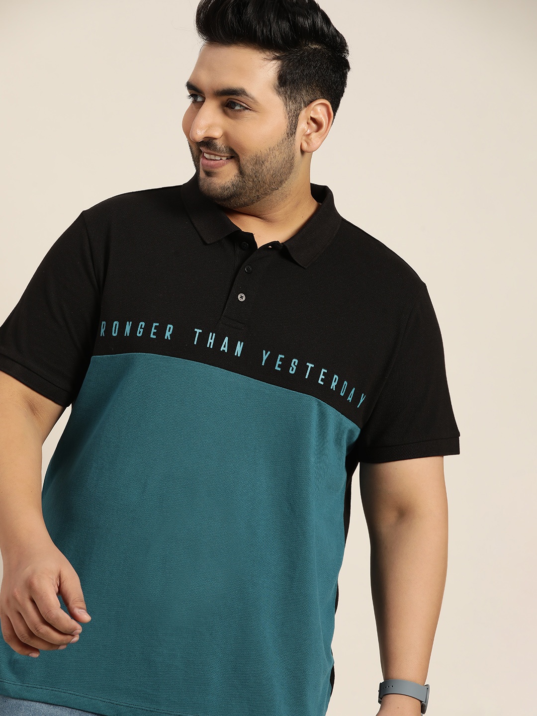 

Sztori Men Plus Size Teal & Black Colourblocked Polo Collar Pure Cotton T-shirt