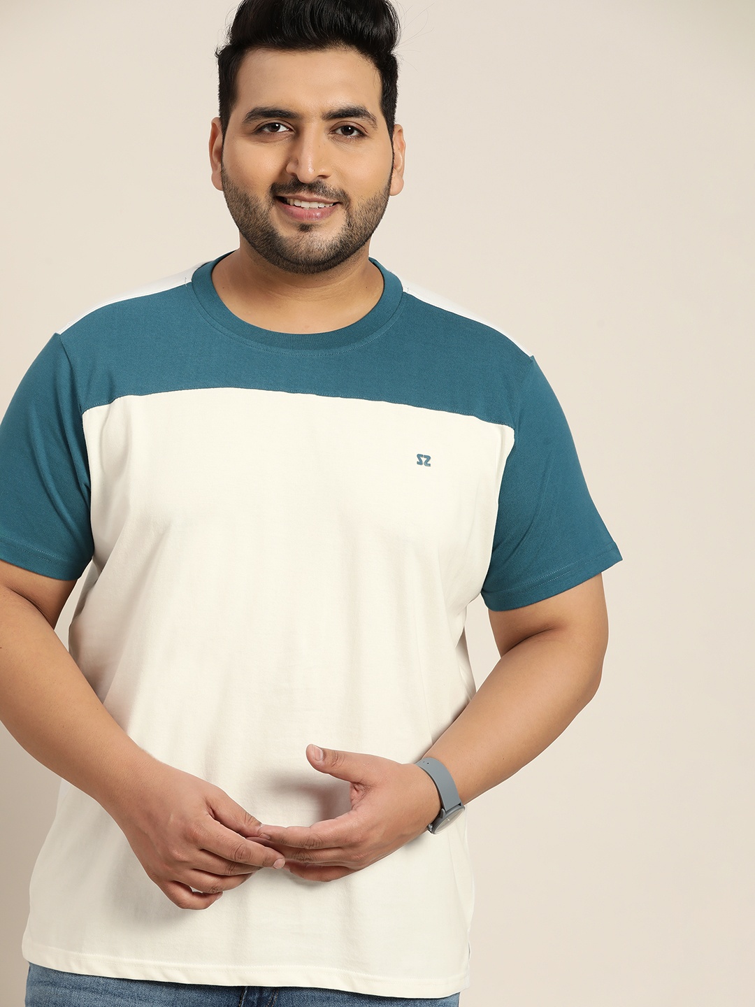 

Sztori Men Plus Size Off White & Teal Colourblocked Pure Cotton T-shirt
