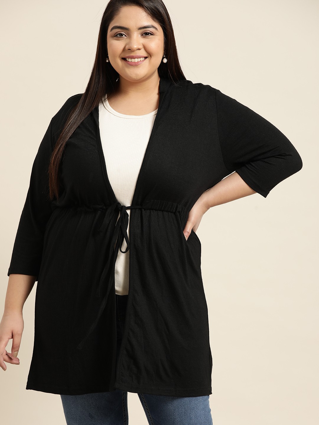 

Sztori Women Plus Size Black Solid Longline Tie-Up Hooded Shrug