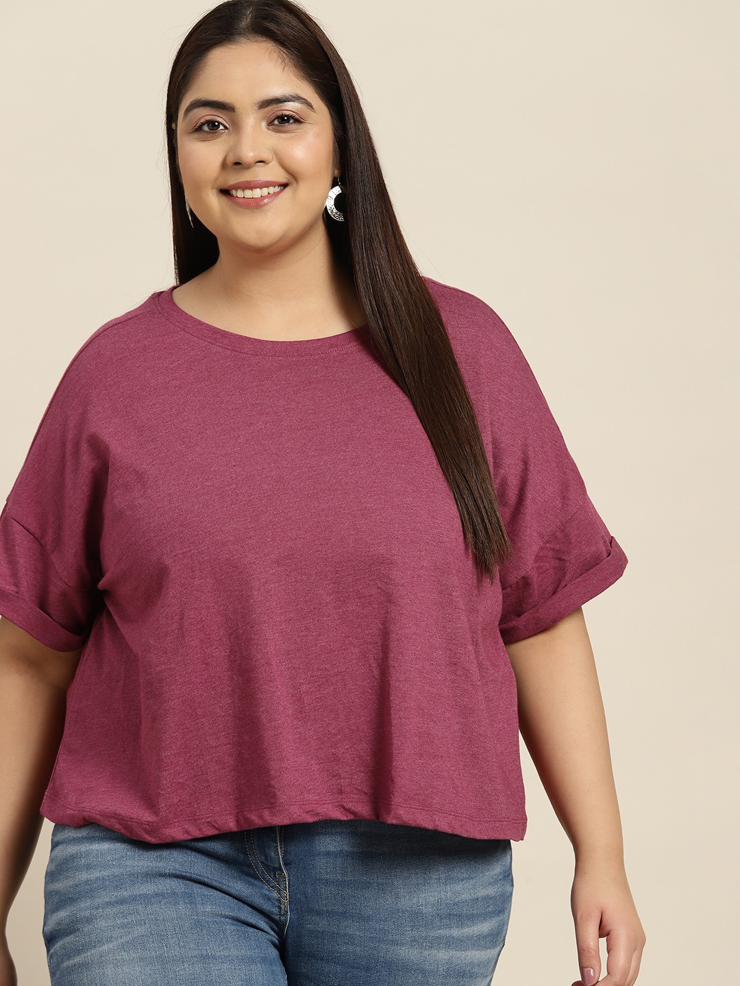 

Sztori Women Plus Size Burgundy Solid Drop-Shoulder Sleeves Boxy T-shirt
