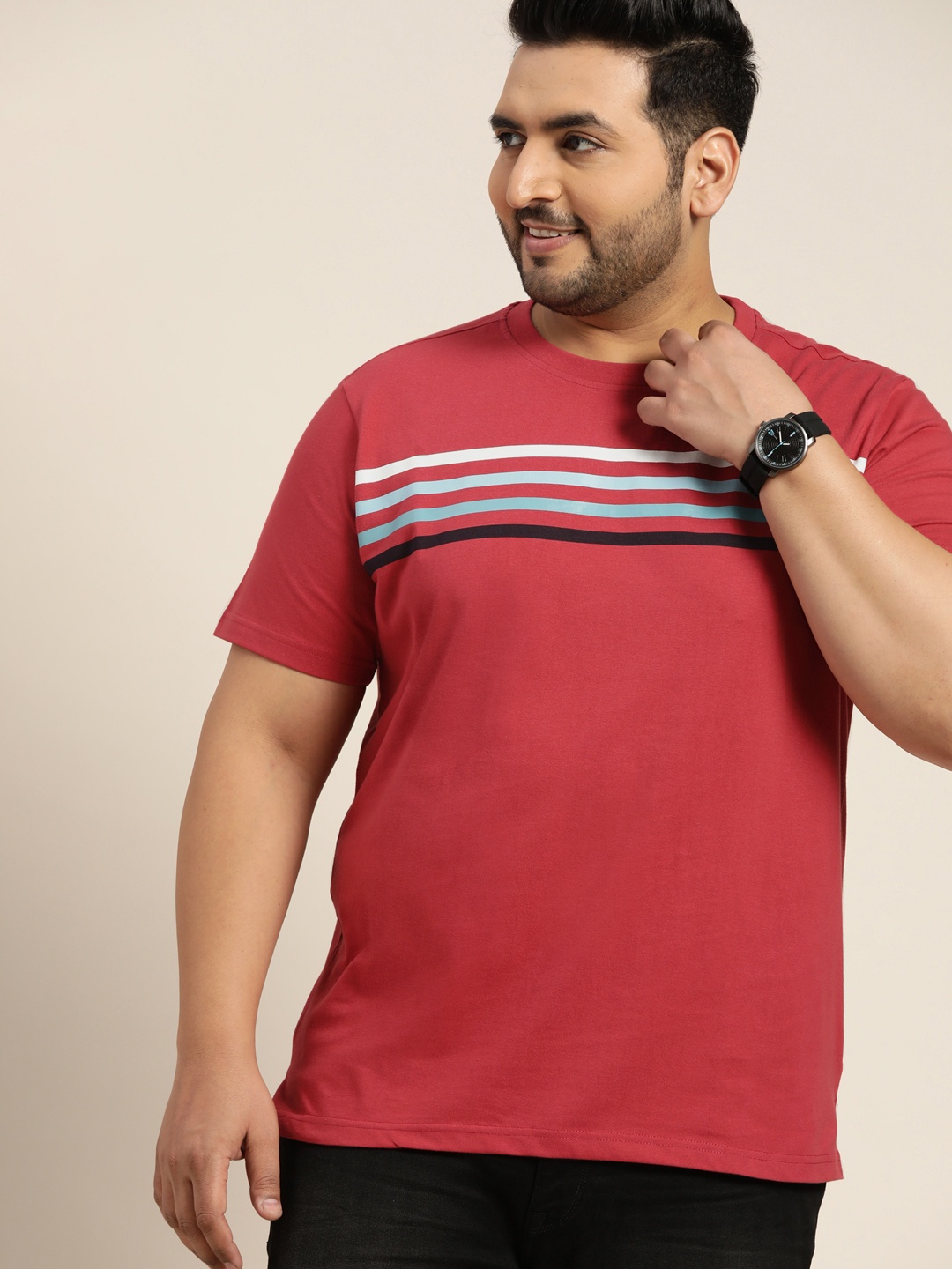 

Sztori Plus Size Red & Blue Striped Pure Cotton T-shirt