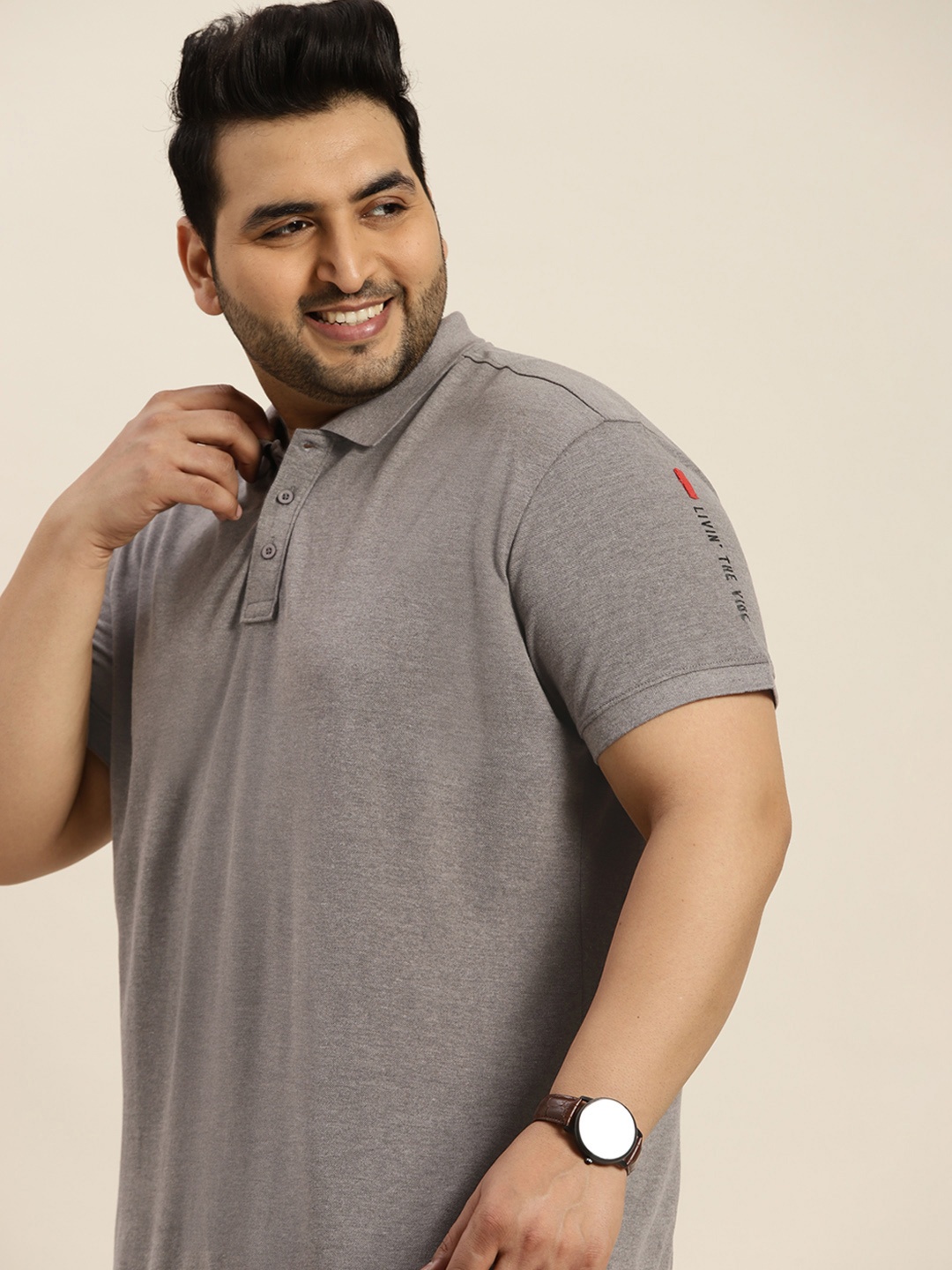 

Sztori Men Plus Size Grey Melange Solid Polo Collar T-shirt