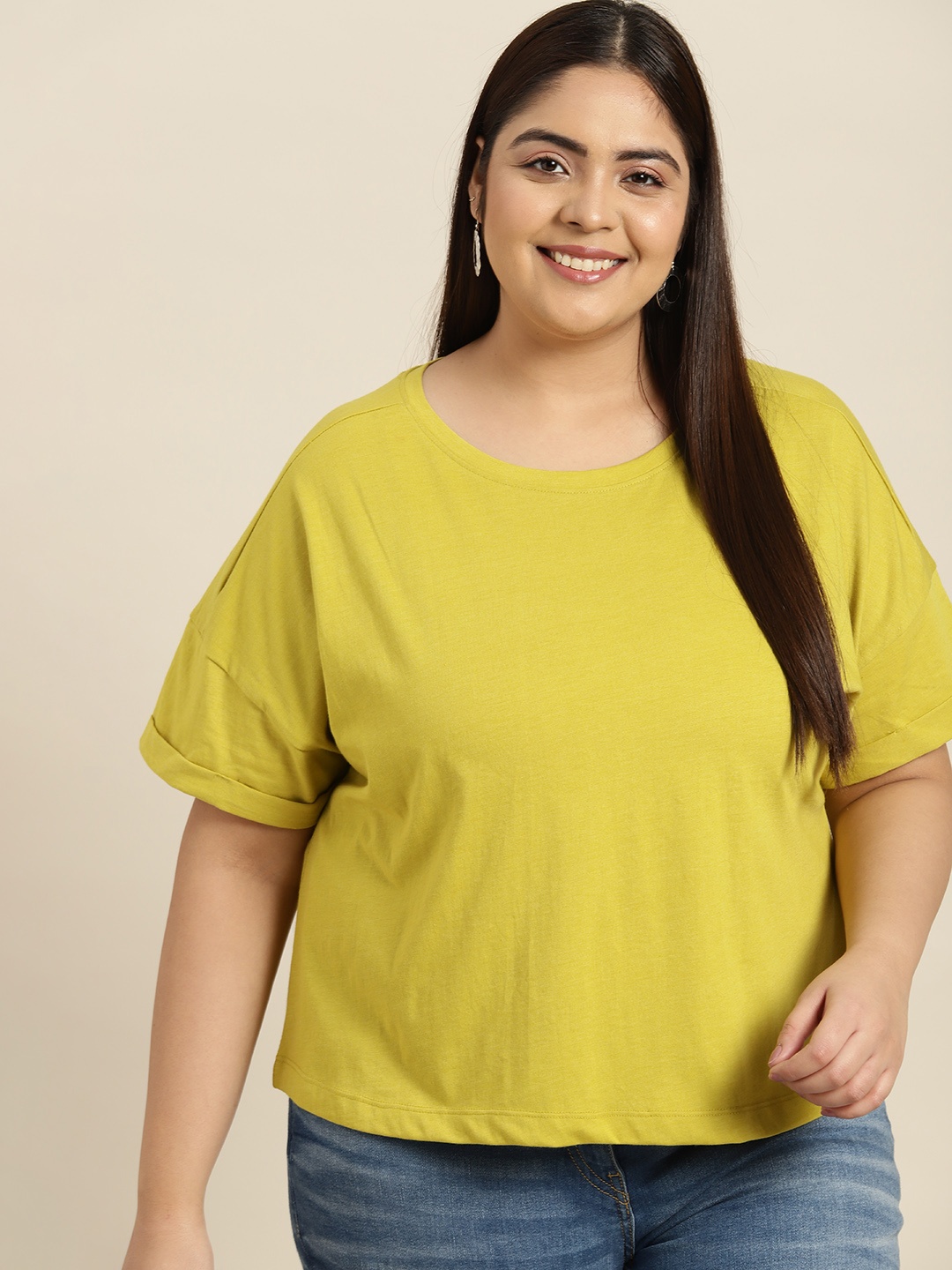 

Sztori Women Plus Size Lime Green Solid Drop-Shoulder Sleeves Boxy T-shirt