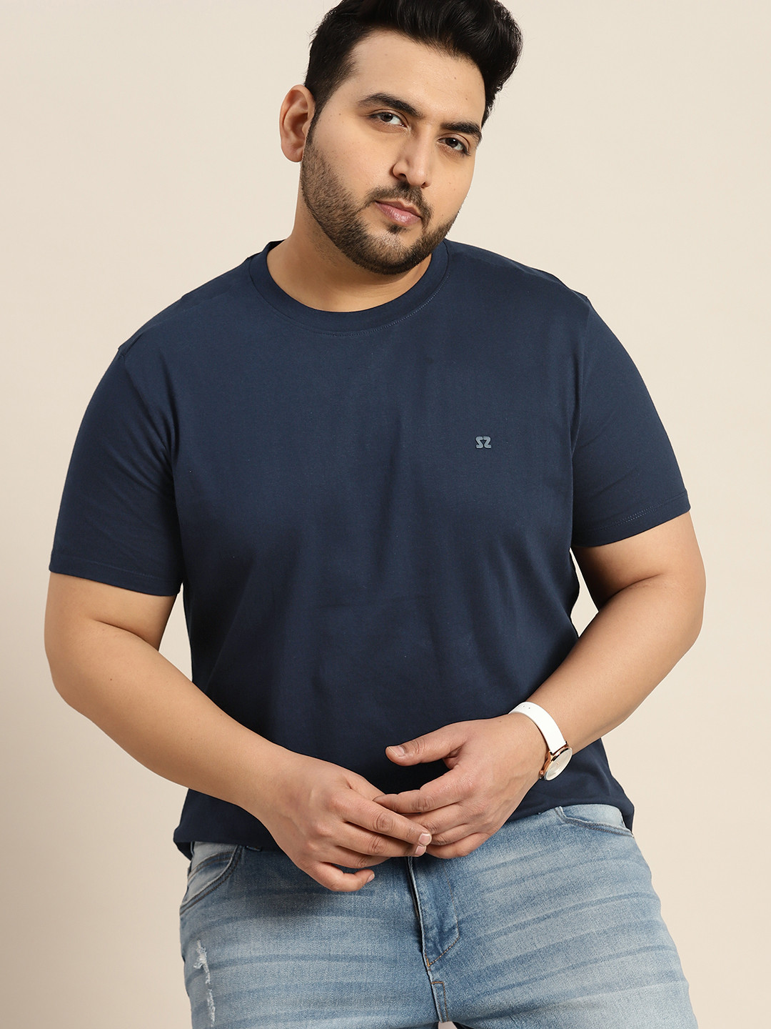 

Sztori Men Plus Size Indigo Pure Cotton T-shirt, Navy blue