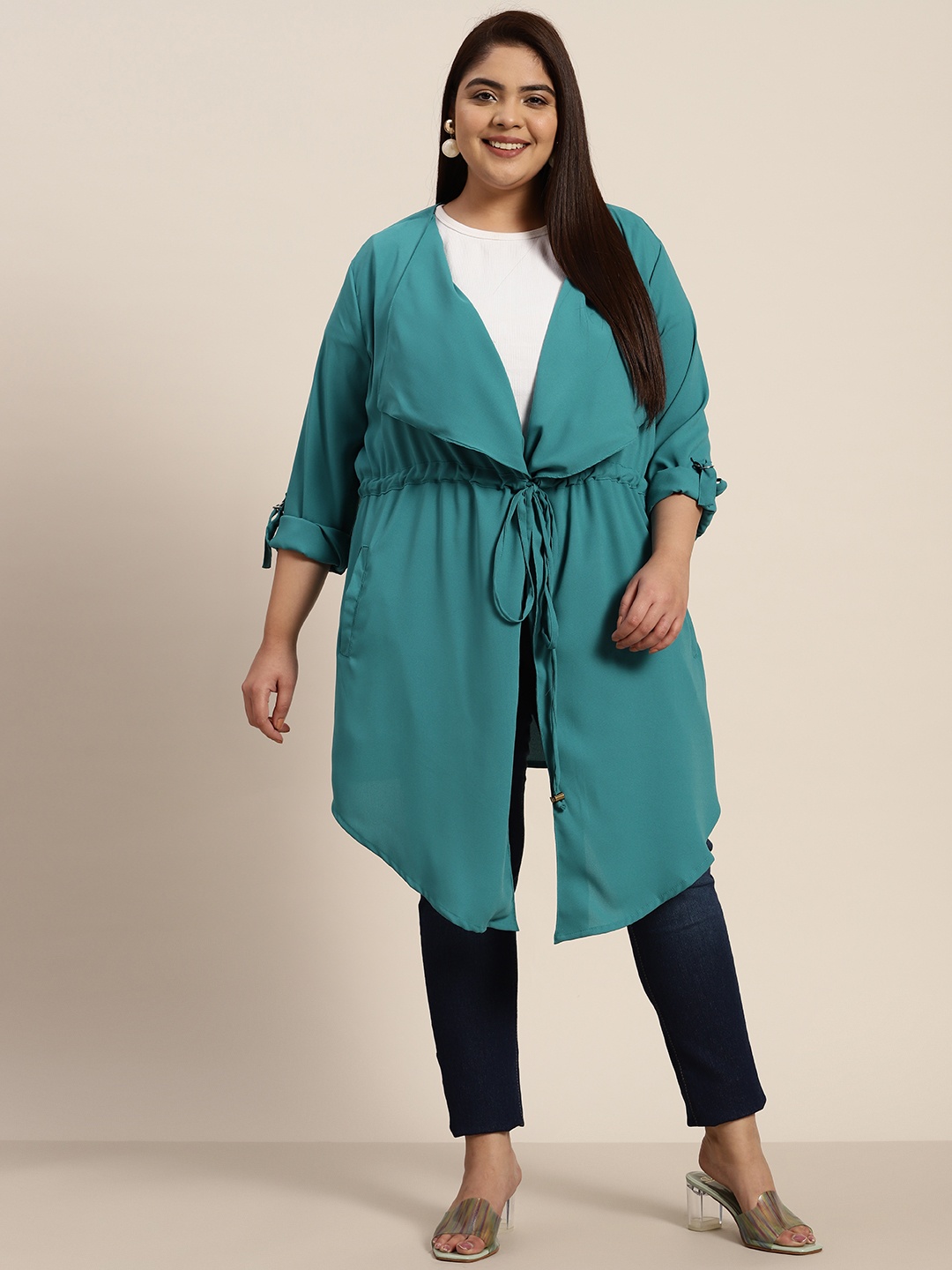 

Sztori Women Plus Size Longline Tie-Up Shrug, Teal