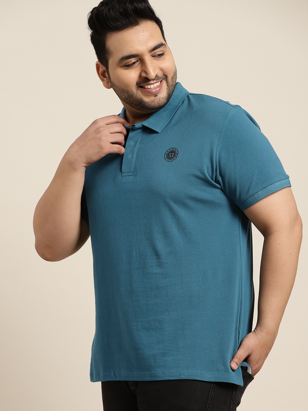 

Sztori Men Plus Size Teal Blue Solid Polo Collar Pure Cotton T-shirt