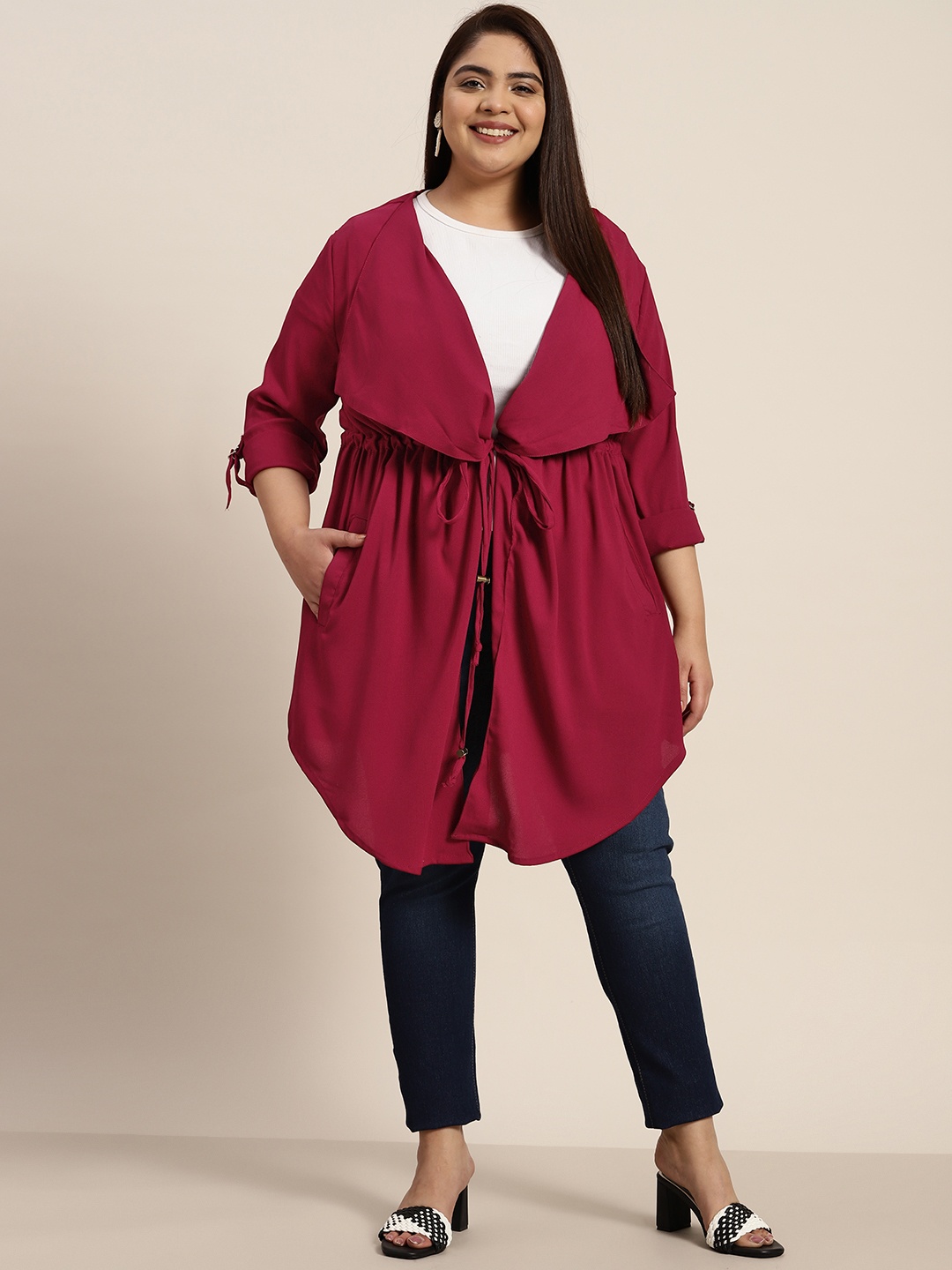 

Sztori Women Plus Size Longline Tie-Up Shrug, Magenta